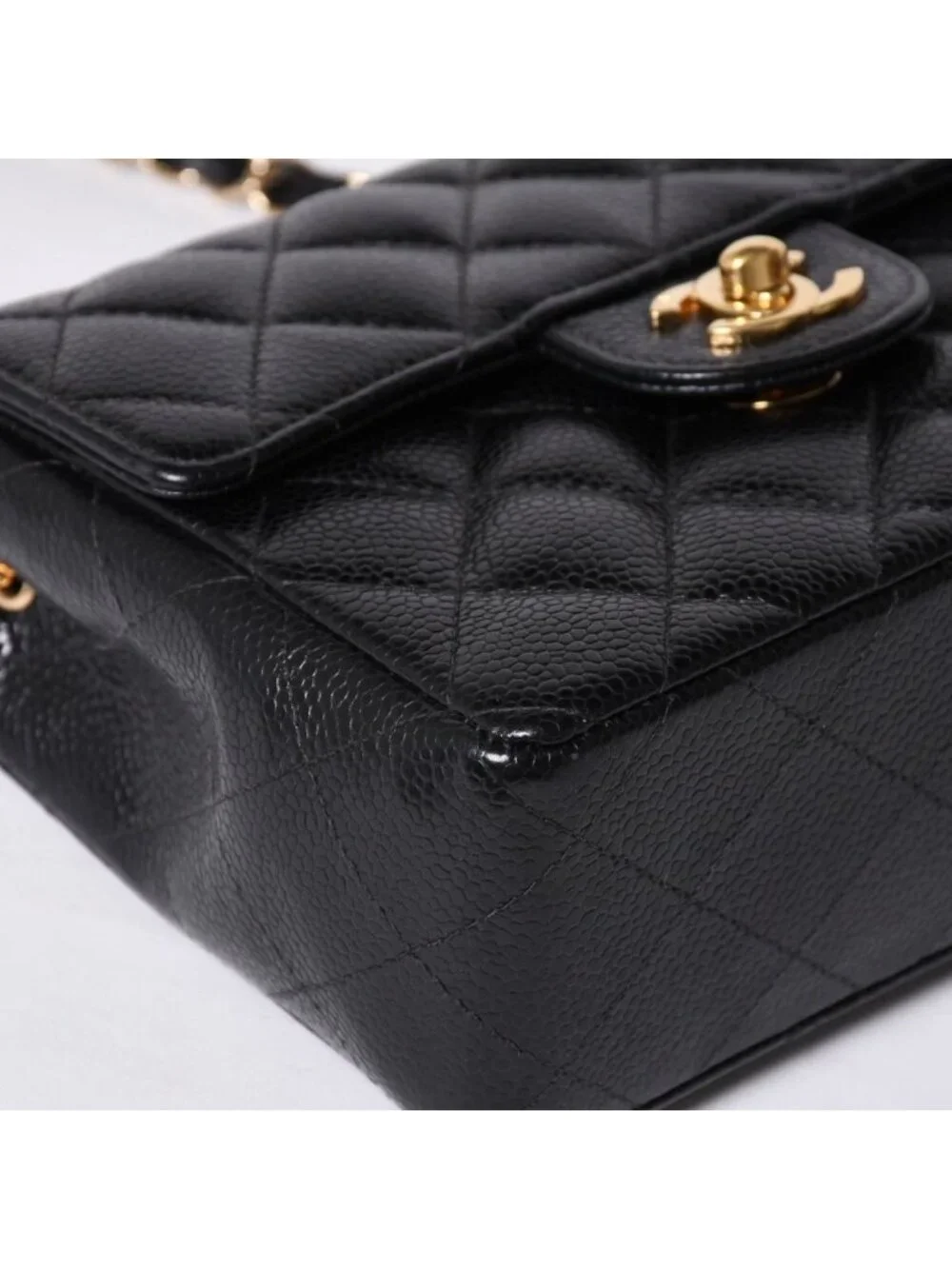 Chanel Mini Quilted Chain Shoulder Bag Caviar Leather Gold Black